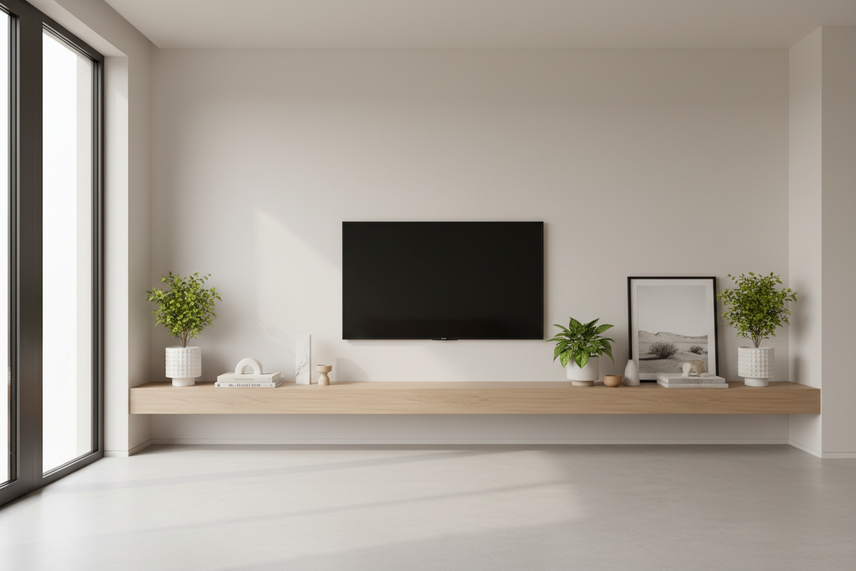 Modern home interior, organized shelf with plants and small decor, clean and tidy environment, bright natural lighting, light neutral colors, soft shadows, minimalistic aesthetic, high-resolution hero banner, wide aspect ratio, no people.